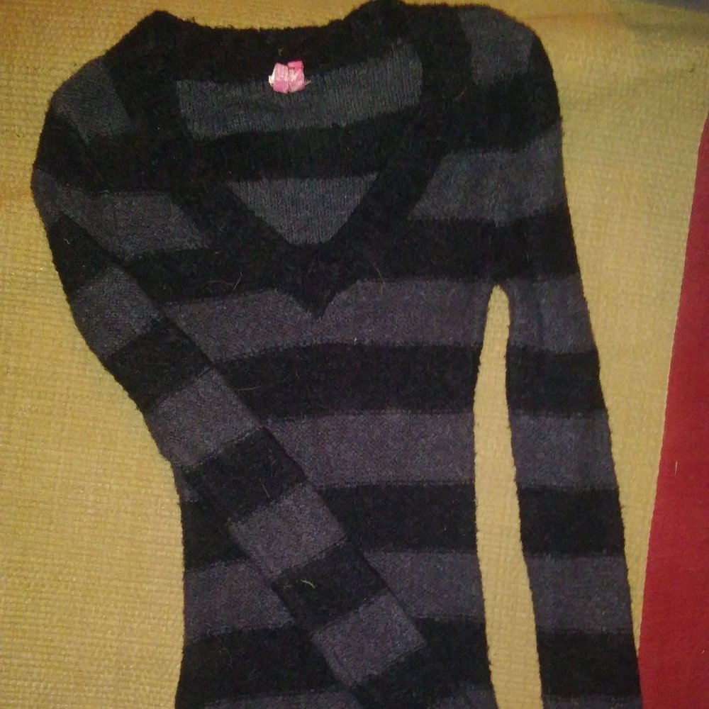 V Neck Sweater Dress - Black & Grey Striped - Size